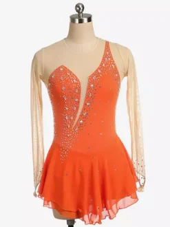 Royle Blue Skating Dress Nuded Long Sleeves Beaded Neckline Women And Girls Skating Costumes