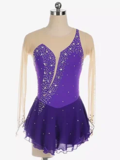 Royle Blue Skating Dress Nuded Long Sleeves Beaded Neckline Women And Girls Skating Costumes