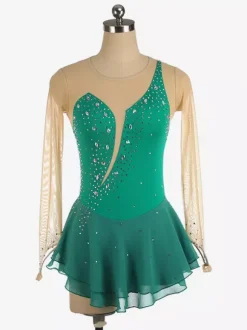 Royle Blue Skating Dress Nuded Long Sleeves Beaded Neckline Women And Girls Skating Costumes