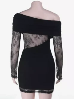Ruched Lace Patchwork Mini Dress For Women - Black Off Shoulder Bodycon - Spring Club Night Out 2026
