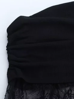 Ruched Lace Patchwork Mini Dress For Women - Black Off Shoulder Bodycon - Spring Club Night Out 2026