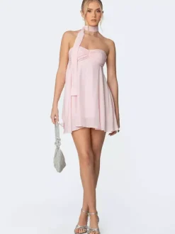 Ruched Mini Chiffon Dress For Women - Pink Sweetheart Neck Halter Scarf A-Line Fit Flare Sundress - Summer Birthday Cocktail 2026