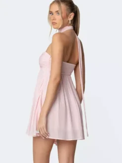 Ruched Mini Chiffon Dress For Women - Pink Sweetheart Neck Halter Scarf A-Line Fit Flare Sundress - Summer Birthday Cocktail 2026
