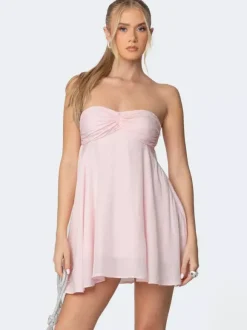 Ruched Mini Chiffon Dress For Women - Pink Sweetheart Neck Halter Scarf A-Line Fit Flare Sundress - Summer Birthday Cocktail 2026