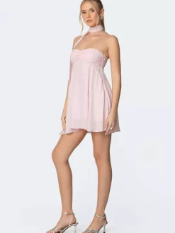 Ruched Mini Chiffon Dress For Women - Pink Sweetheart Neck Halter Scarf A-Line Fit Flare Sundress - Summer Birthday Cocktail 2026