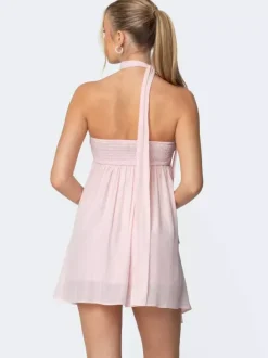 Ruched Mini Chiffon Dress For Women - Pink Sweetheart Neck Halter Scarf A-Line Fit Flare Sundress - Summer Birthday Cocktail 2026
