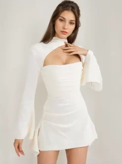 Ruched Mini Dress Cutout Ruffles Sleeves Backless Birthday Party Dresses