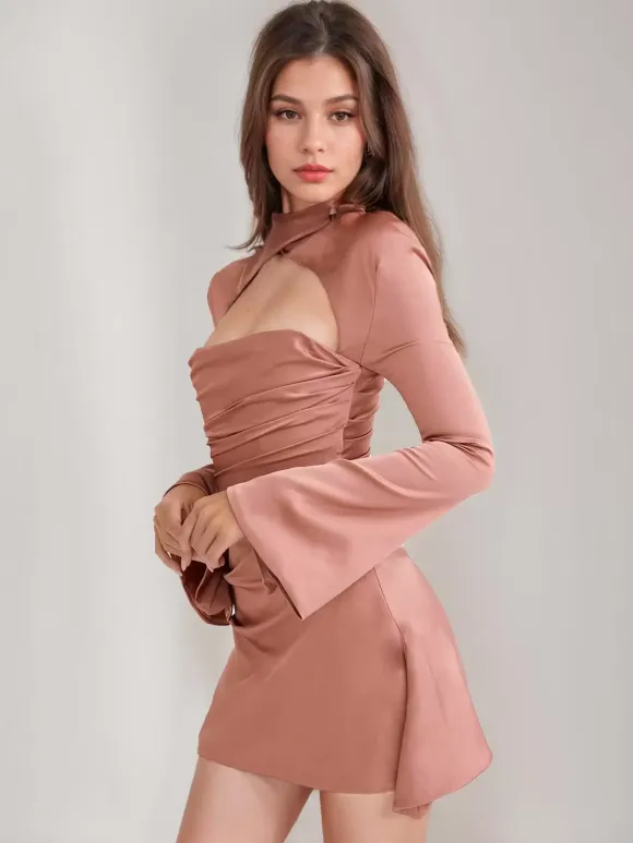 Ruched Mini Dress Cutout Ruffles Sleeves Backless Birthday Party Dresses
