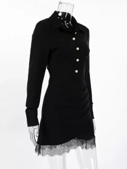 Ruched Shirt Dress Women's Chic Mini Dress - Black Lace Hem Long Sleeve Bodycon - Spring Desk-to-dinner 2026