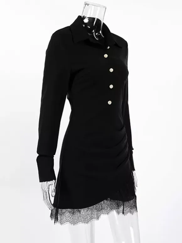 Ruched Shirt Dress Women's Chic Mini Dress - Black Lace Hem Long Sleeve Bodycon - Spring Desk-to-dinner 2026