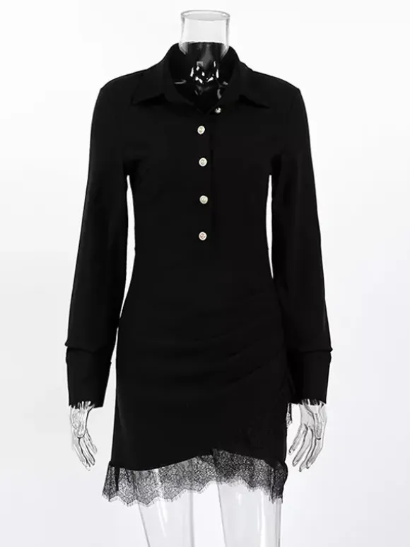 Ruched Shirt Dress Women's Chic Mini Dress - Black Lace Hem Long Sleeve Bodycon - Spring Desk-to-dinner 2026