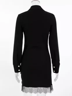 Ruched Shirt Dress Women's Chic Mini Dress - Black Lace Hem Long Sleeve Bodycon - Spring Desk-to-dinner 2026