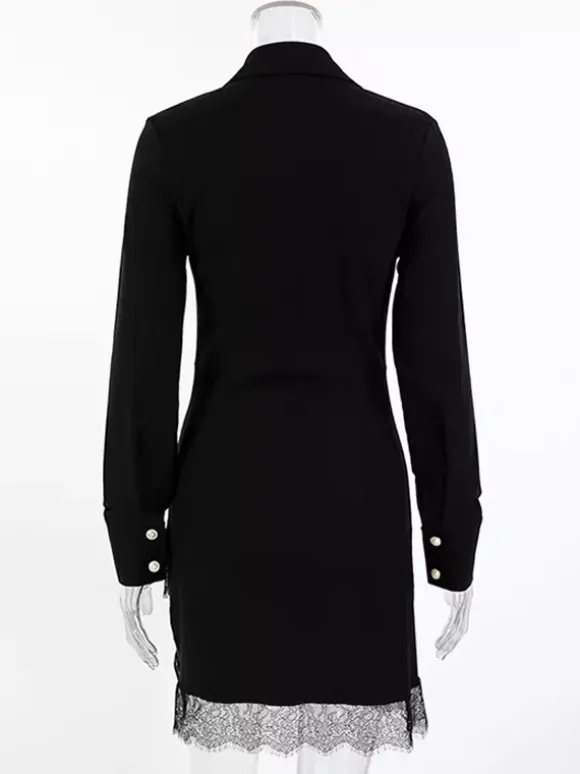 Ruched Shirt Dress Women's Chic Mini Dress - Black Lace Hem Long Sleeve Bodycon - Spring Desk-to-dinner 2026