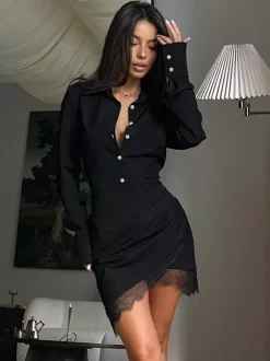 Ruched Shirt Dress Women's Chic Mini Dress - Black Lace Hem Long Sleeve Bodycon - Spring Desk-to-dinner 2026