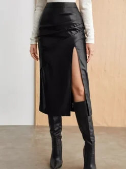 Ruched High Slit Faux Leather Midi Skirt For Women 2026