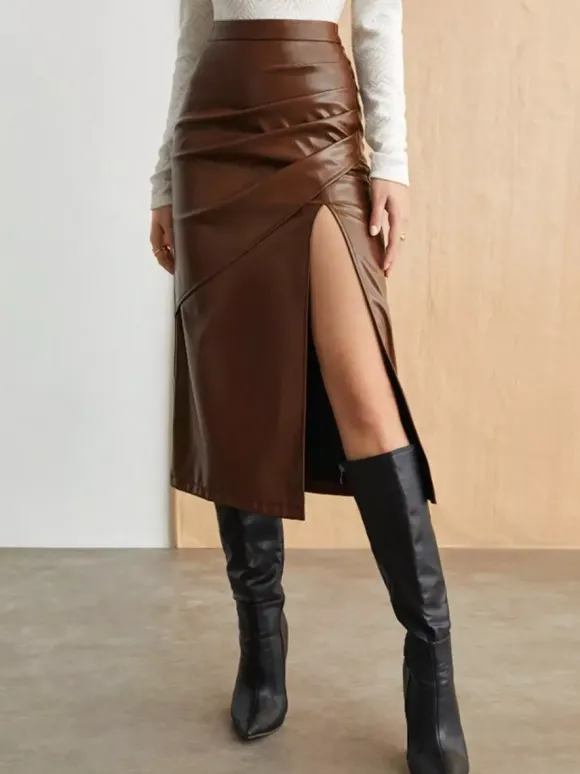 Ruched High Slit Faux Leather Midi Skirt For Women 2026