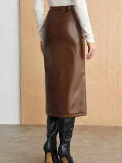 Ruched High Slit Faux Leather Midi Skirt For Women 2026