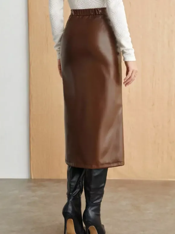 Ruched High Slit Faux Leather Midi Skirt For Women 2026