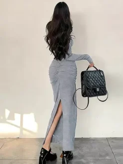 Ruched Maxi Dress For Women - Minimalist Back Slit Long Sleeve Slit Bodycon Dress - Spring Date Night 2026