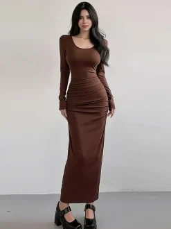 Ruched Maxi Dress For Women - Minimalist Back Slit Long Sleeve Slit Bodycon Dress - Spring Date Night 2026