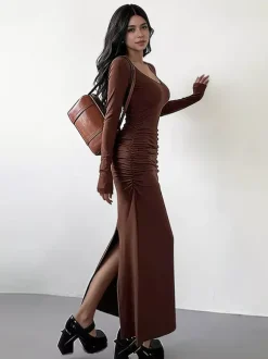 Ruched Maxi Dress For Women - Minimalist Back Slit Long Sleeve Slit Bodycon Dress - Spring Date Night 2026