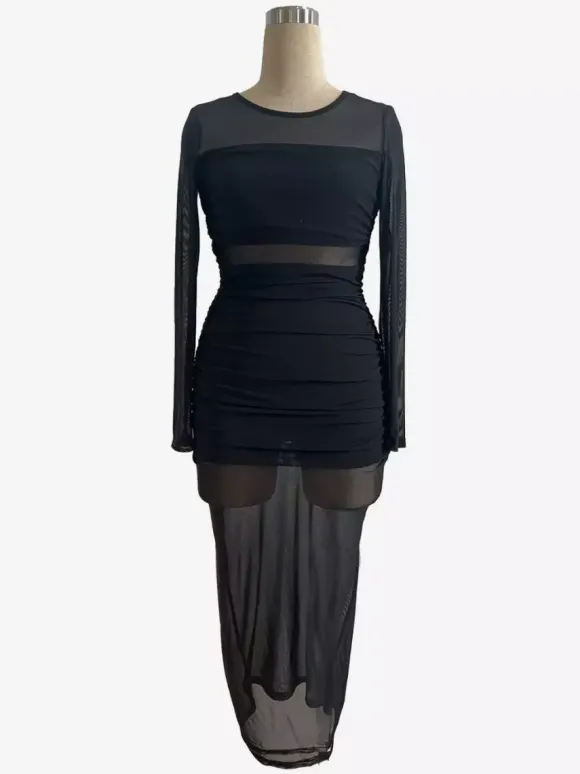 Ruched Mesh Patchwork Long Sleeve Bodycon Maxi Dress For Women 2026
