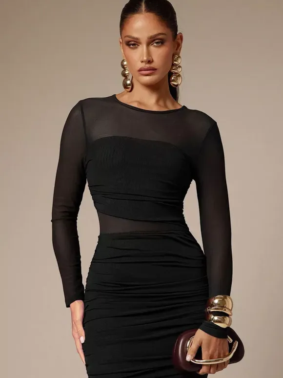 Ruched Mesh Patchwork Long Sleeve Bodycon Maxi Dress For Women 2026