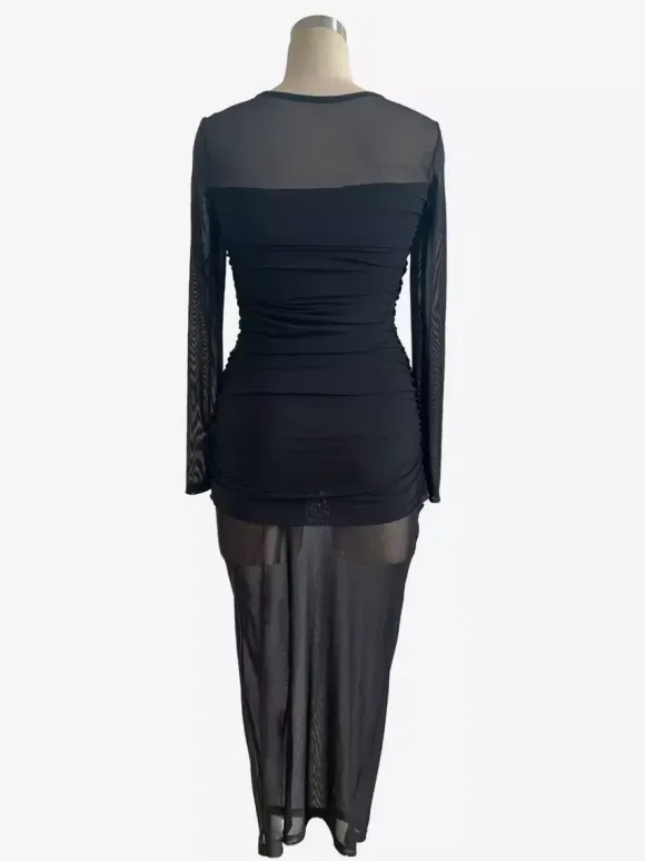 Ruched Mesh Patchwork Long Sleeve Bodycon Maxi Dress For Women 2026