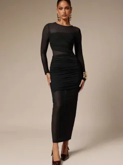 Ruched Mesh Patchwork Long Sleeve Bodycon Maxi Dress For Women 2026