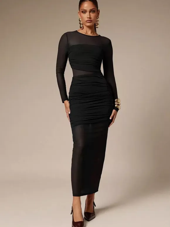 Ruched Mesh Patchwork Long Sleeve Bodycon Maxi Dress For Women 2026