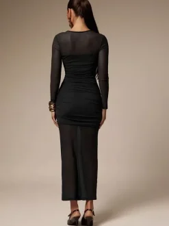Ruched Mesh Patchwork Long Sleeve Bodycon Maxi Dress For Women 2026