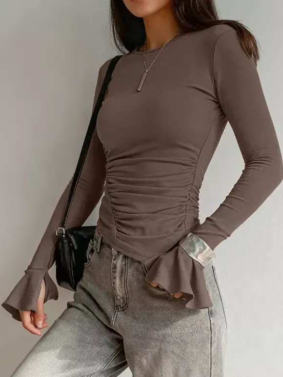Ruched Side Women Long Sleeve Top - Chic Flare Bell Cuff Slim Fit - Baddie Aesthetic Spring Streetwear 2026