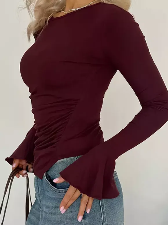 Ruched Side Women Long Sleeve Top - Chic Flare Bell Cuff Slim Fit - Baddie Aesthetic Spring Streetwear 2026