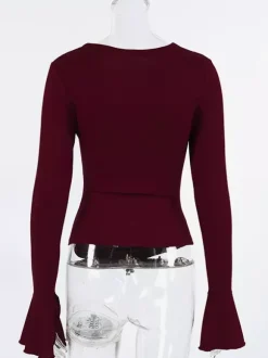 Ruched Side Women Long Sleeve Top - Chic Flare Bell Cuff Slim Fit - Baddie Aesthetic Spring Streetwear 2026
