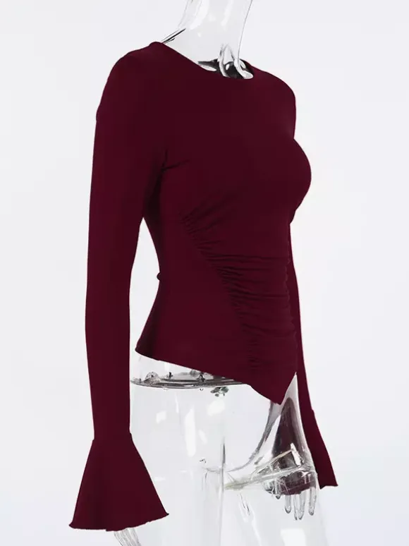 Ruched Side Women Long Sleeve Top - Chic Flare Bell Cuff Slim Fit - Baddie Aesthetic Spring Streetwear 2026