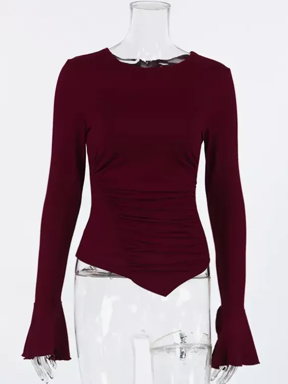 Ruched Side Women Long Sleeve Top - Chic Flare Bell Cuff Slim Fit - Baddie Aesthetic Spring Streetwear 2026