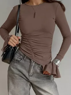 Ruched Side Women Long Sleeve Top - Chic Flare Bell Cuff Slim Fit - Baddie Aesthetic Spring Streetwear 2026
