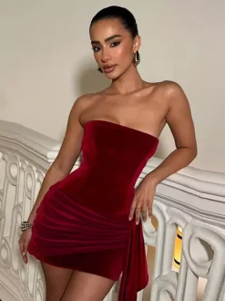 Ruched Velvet Bodycon Mini Dress For Women-Red Strapless Draped Side Sash -Spring Summer Cocktail Party Wear 2026