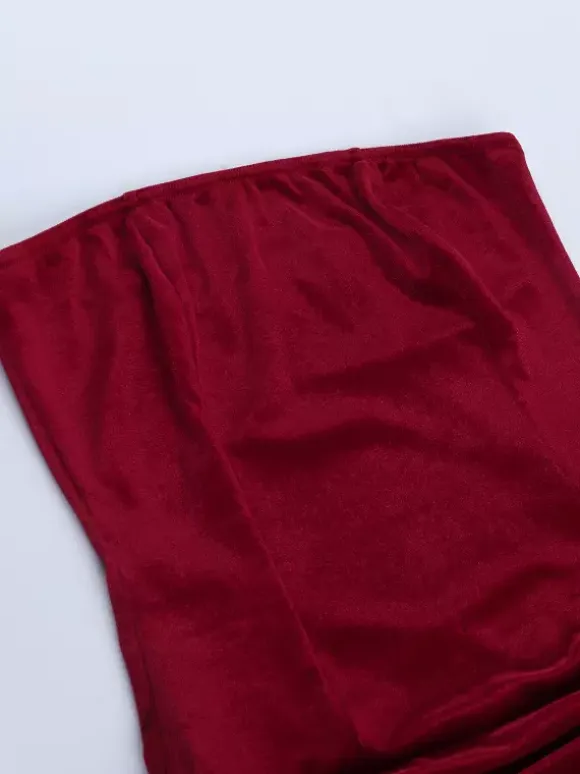 Ruched Velvet Bodycon Mini Dress For Women-Red Strapless Draped Side Sash -Spring Summer Cocktail Party Wear 2026