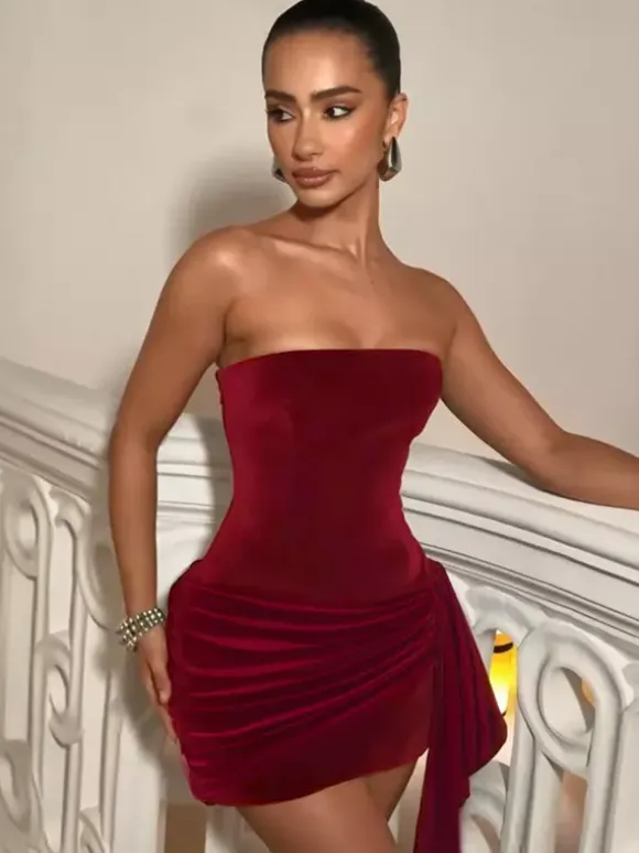 Ruched Velvet Bodycon Mini Dress For Women-Red Strapless Draped Side Sash -Spring Summer Cocktail Party Wear 2026