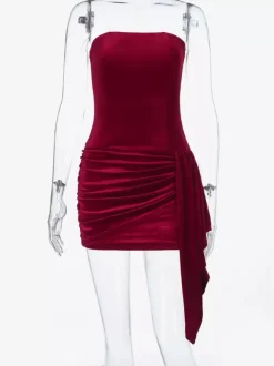 Ruched Velvet Bodycon Mini Dress For Women-Red Strapless Draped Side Sash -Spring Summer Cocktail Party Wear 2026