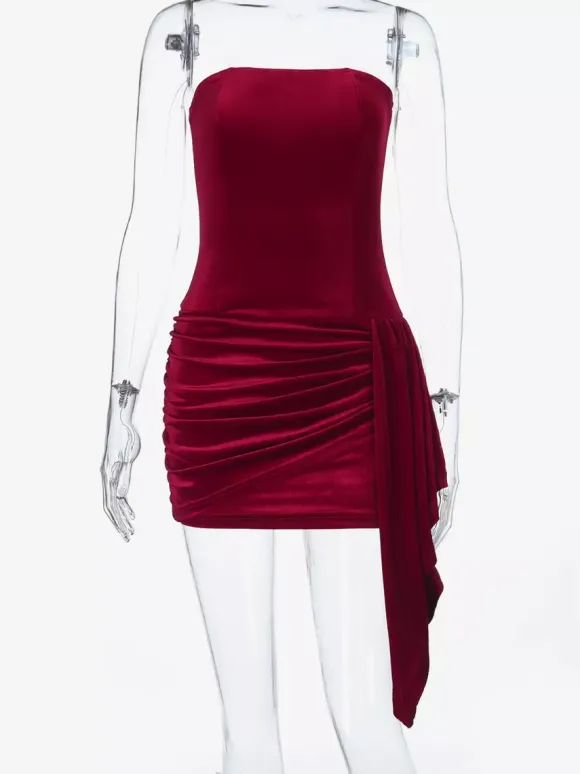 Ruched Velvet Bodycon Mini Dress For Women-Red Strapless Draped Side Sash -Spring Summer Cocktail Party Wear 2026