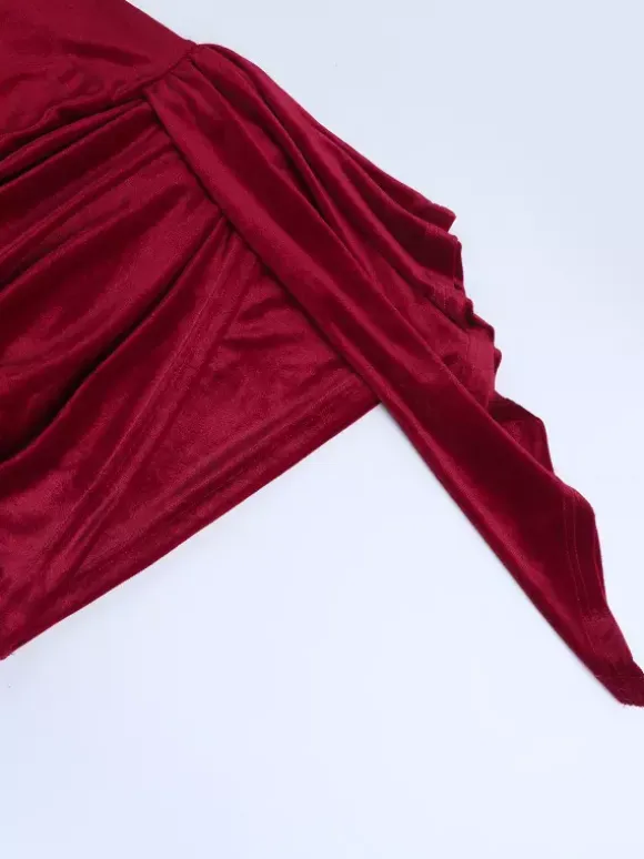 Ruched Velvet Bodycon Mini Dress For Women-Red Strapless Draped Side Sash -Spring Summer Cocktail Party Wear 2026