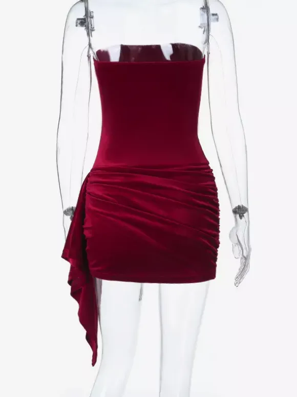 Ruched Velvet Bodycon Mini Dress For Women-Red Strapless Draped Side Sash -Spring Summer Cocktail Party Wear 2026