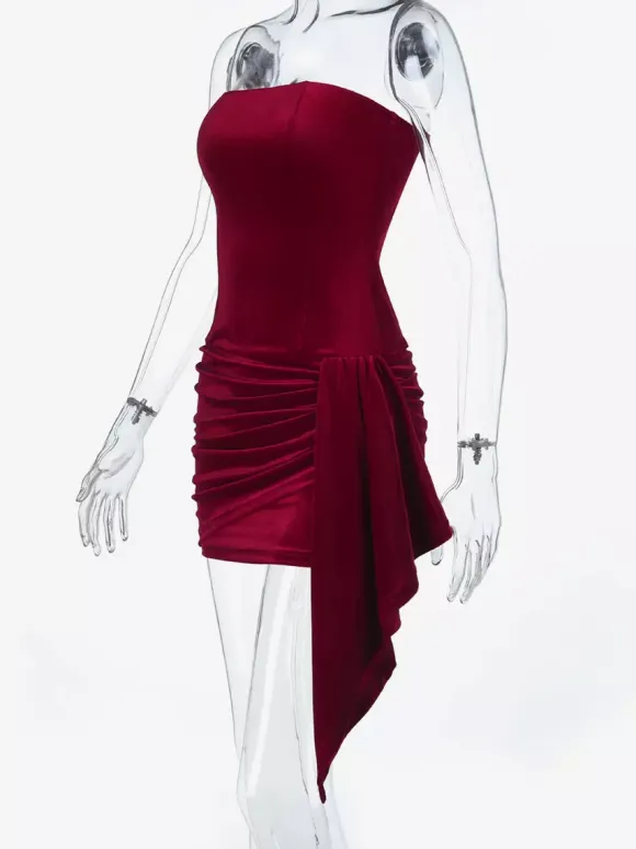 Ruched Velvet Bodycon Mini Dress For Women-Red Strapless Draped Side Sash -Spring Summer Cocktail Party Wear 2026