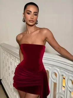 Ruched Velvet Bodycon Mini Dress For Women-Red Strapless Draped Side Sash -Spring Summer Cocktail Party Wear 2026