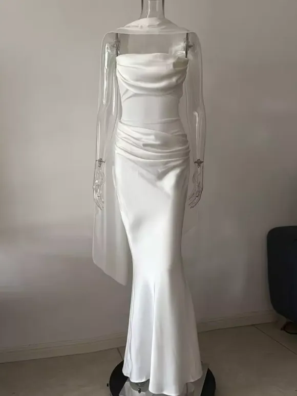 Ruched Waist Slim Fit Mermaid Maxi Prom Dress With Scarf For Women 2026