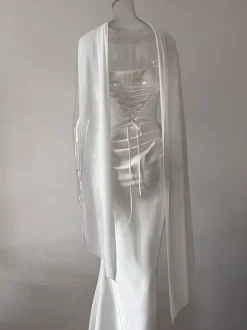 Ruched Waist Slim Fit Mermaid Maxi Prom Dress With Scarf For Women 2026