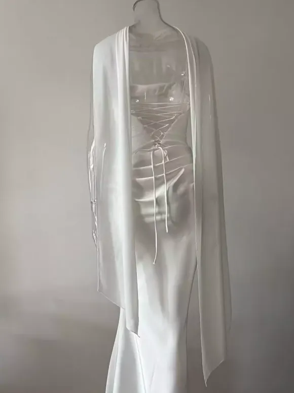 Ruched Waist Slim Fit Mermaid Maxi Prom Dress With Scarf For Women 2026