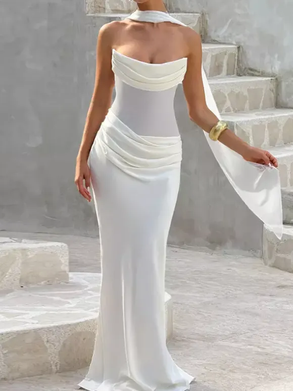 Ruched Waist Slim Fit Mermaid Maxi Prom Dress With Scarf For Women 2026